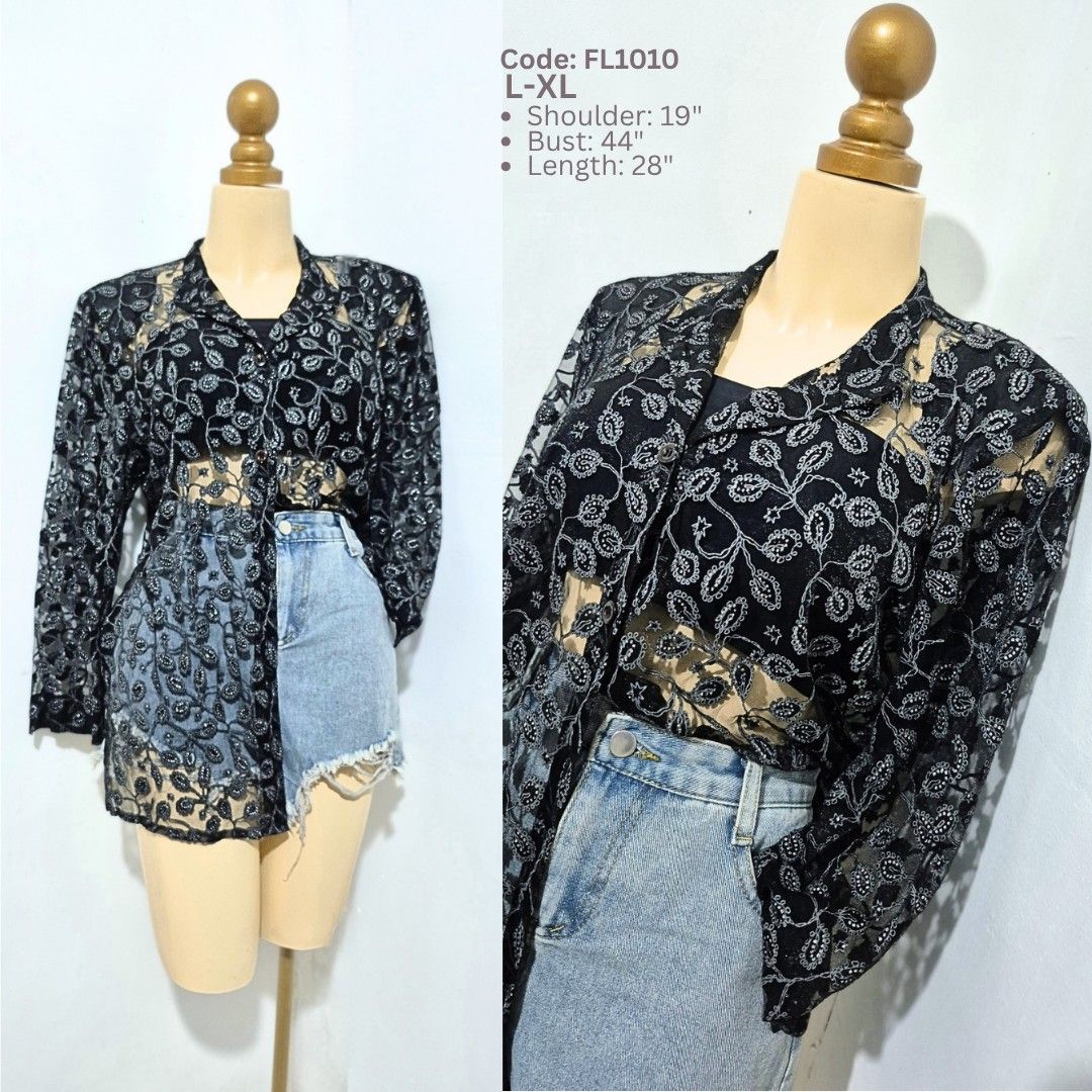 Black Silver Floral Lace Button-Down Top | L–XL (Category: Longsleeves) located in Cabanatuan. Submitted by _erboutique (Listing ID 1466677461, Image 1). Description: • Stunning black lace with silver floral embroidery — so chic & unique ✨ • Collared, button front, sheer statement piece • Pair it with a camisole or bralette underneath • Size L–XL | Shoulder 19" | Bust 44" | Length 28" • Great condition, perfect for dressing up.