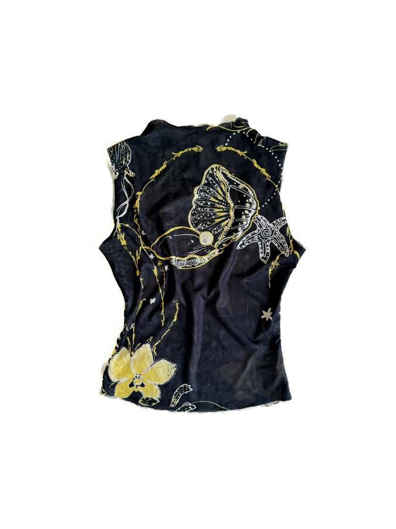 Black Yellow Mesh Shell Star Print Tank Top (Category: Sleeveless) located in Tarlac. Submitted by kr_closet (Listing ID 1466705215, Image 1). Description: - Style: Sheer mesh tank top with ocean-inspired print - Details: Features seashells, starfish, and a large flower at the hem - Material: Lightweight, stretchy, and unlined fabric - Design: Lettuce trim edges on the neckline and armholes - Versatility: Great for layering over bralettes or basi