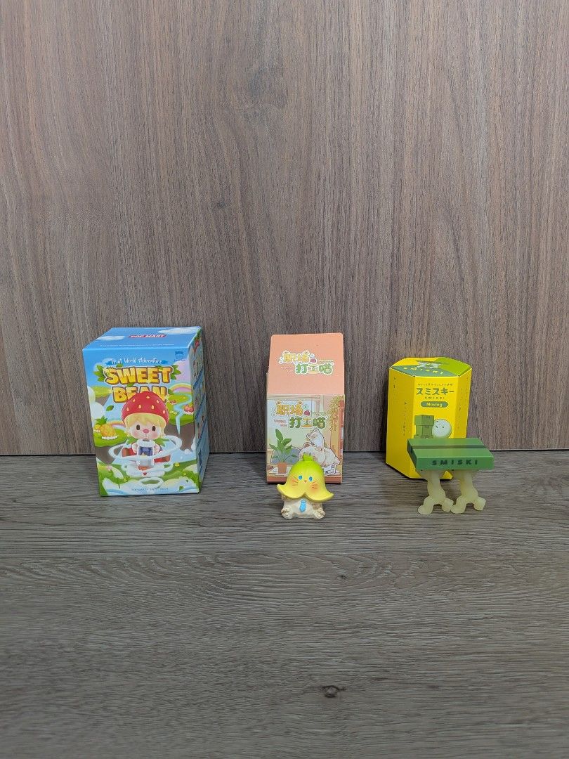 assorted blind boxes (Category: Designer & Blind Box Toys) located in Singapore. Submitted by wyn_1009 (Listing ID 1466615437, Image 1). Description: Pop Mart - Sweet Bean (bnib): $13 Working Cat - Workplace: $2 Smiski - Moving series: $8 all authentic.