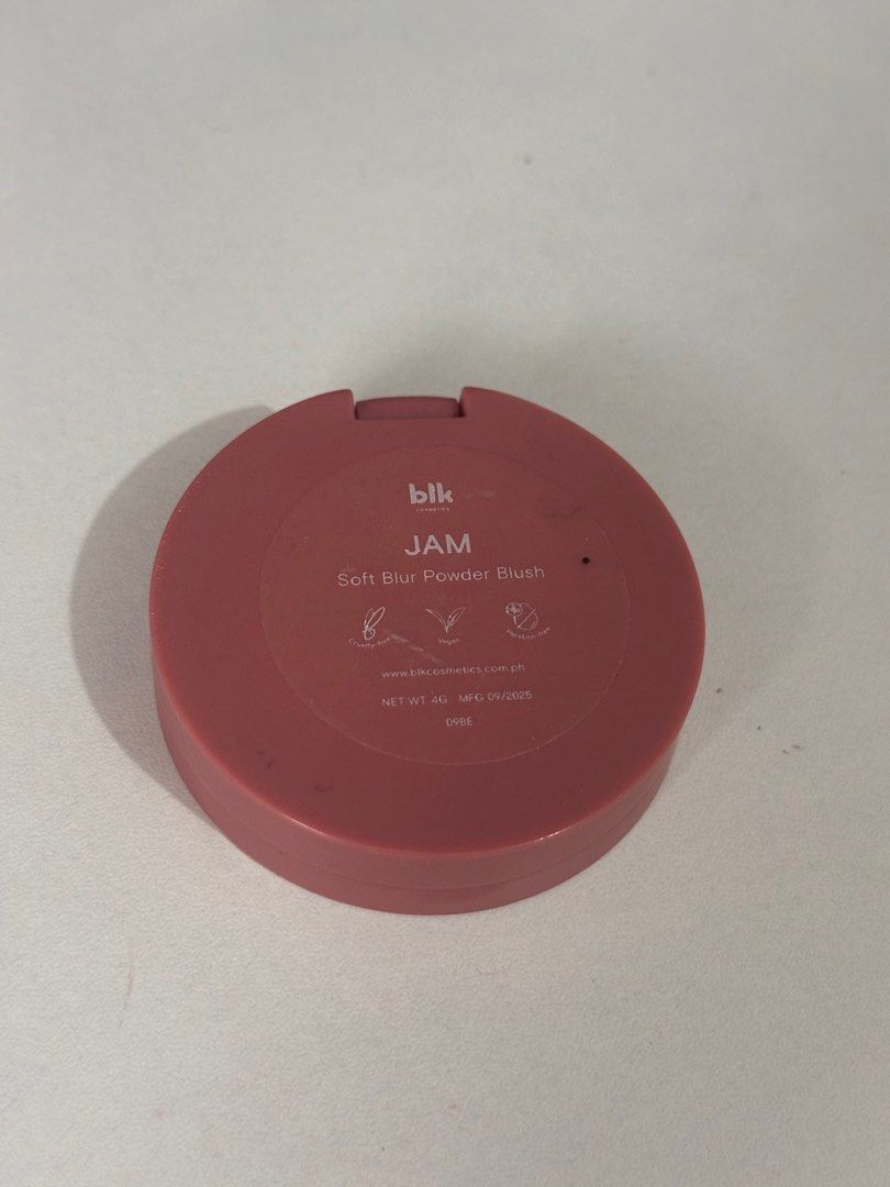 BLK Cosmetics Soft Blur Powder Blush - Jam (Category: Makeup) located in Manila. Submitted by rhirhi.21 (Listing ID 1466616833, Image 3). Description: - Brand: BLK Cosmetics - Product: Soft Blur Powder Blush - Shade: Jam - Size: 4 grams - Packaging: Compact round case with built-in mirror - Formula: Cruelty-free, vegan, and paraben-free - Condition: Lightly used.