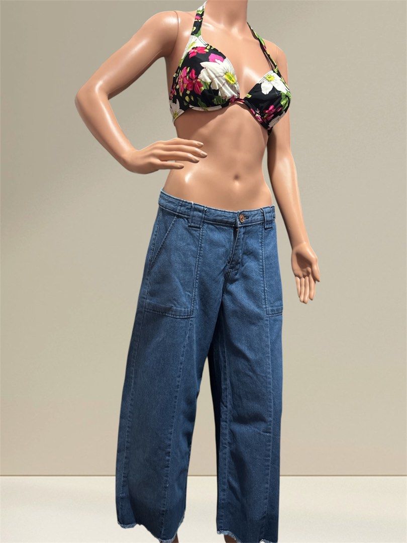 Blue Denim Culottes with Raw Hem (Category: Jeans) located in Pasig City. Submitted by burtonxxx (Listing ID 1466662622, Image 2). Description: - Style: Blue denim culottes with wide legs - Fit: Mid-rise with button closure and belt loops W-15 Rise-10 Length 35 Inseam 23 Hips 19 Leg op/ hem 12.