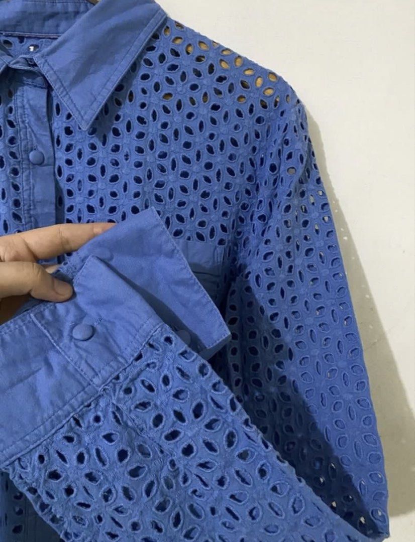 Blue Eyelet Button-Down Long Sleeve Shirt (Category: Longsleeves) located in Naga. Submitted by cozydapper (Listing ID 1466627839, Image 3). Description: *cut tag - Color: Bright blue - Design: All-over embroidered eyelet cut-out pattern - Features: Traditional collar, button cuffs, and two front chest pockets - Fabric: Lightweight and breathable - Style: Long-sleeve button-down shirt.