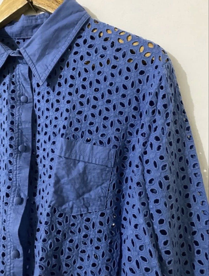 Blue Eyelet Button-Down Long Sleeve Shirt (Category: Longsleeves) located in Naga. Submitted by cozydapper (Listing ID 1466627839, Image 2). Description: *cut tag - Color: Bright blue - Design: All-over embroidered eyelet cut-out pattern - Features: Traditional collar, button cuffs, and two front chest pockets - Fabric: Lightweight and breathable - Style: Long-sleeve button-down shirt.