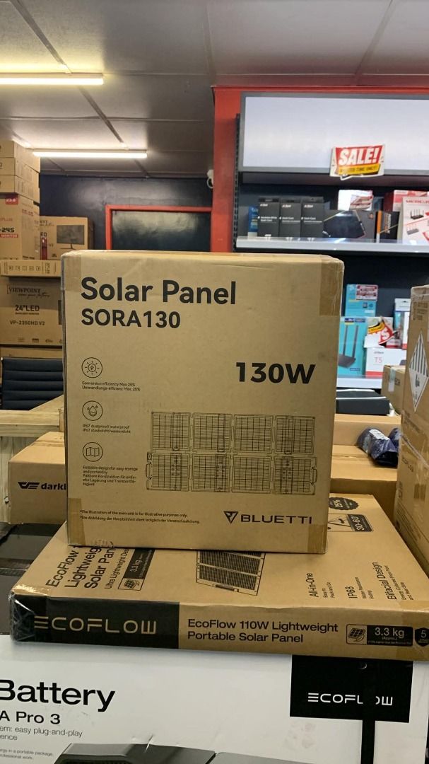 BLUETTI SORA130 130W Solar Panel (Category: Racket and Ball Sports) located in Caloocan City. Submitted by joseph_elmido (Listing ID 1466611280, Image 1). Description: - Brand: BLUETTI SORA130 Solar Panel - Power Output: 130W high conversion efficiency - Condition: Brand new, boxed up and ready to go - Durability: IP67 waterproof rating for outdoor use - Portability: Foldable design for easy storage and travel - Best For: Outdoor trips, camping, 