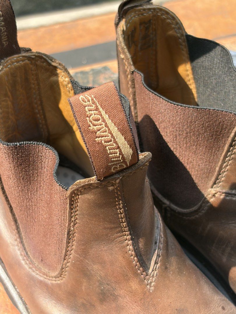 Blundstone Brown Chelsea Boots (Category: Boots) located in Quezon City. Submitted by nikoabl (Listing ID 1466567436, Image 3). Description: Blundstone Chelsea boots in brown leather. Elastic side gussets, pull tabs at front and back. Chunky lug soles with good grip. Dr. Scholl's insoles inside for extra comfort. Shows natural creasing, scuffs, and wear on the leather from regular use. Solid boots, ready for more wear. Worn good Changed outsoles 