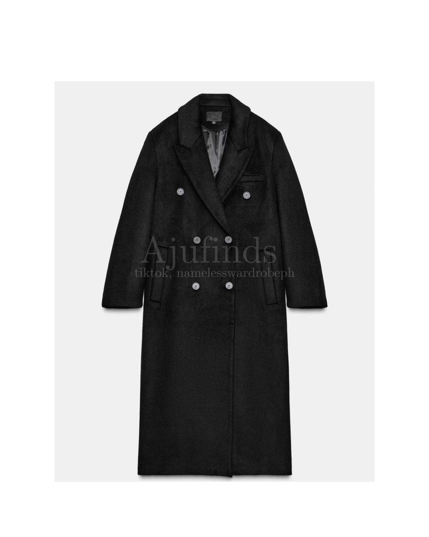 Bnew ZARA EXTRA LONG WOOL BLEND COAT MEDIUM (Category: Coats, Jackets and Outerwear) located in Batangas. Submitted by declutterphhh (Listing ID 1466668700, Image 1). Description: Bnew wt tag Ref 1255/708 Color: Black Size Medium W: 23.5” | L: 52”| Sleeve: 25” Sourced from Zara PH Not entertaining LP messages Original price ₱ 7,995.