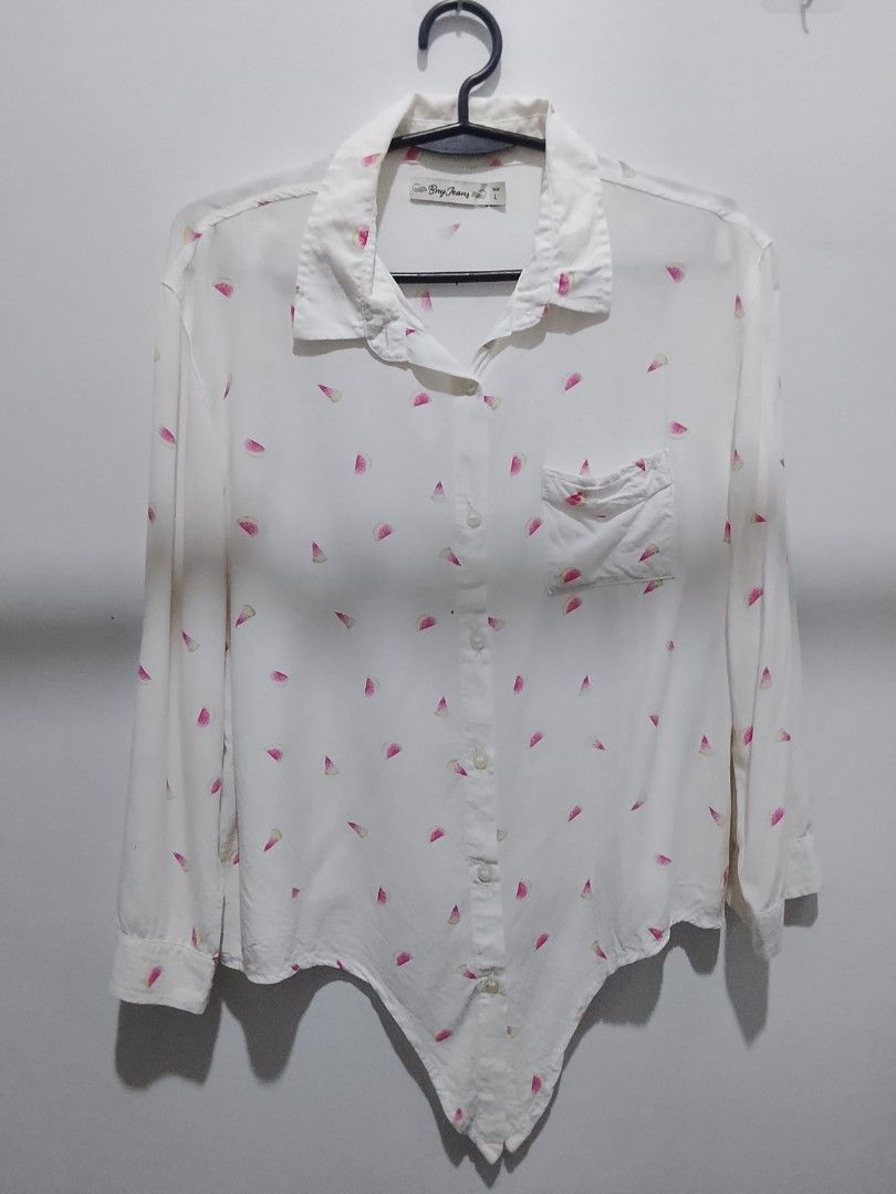 Bny Jeans button up shirt size L (Category: Blouses) located in Manila. Submitted by cabsclosetco (Listing ID 1466677124, Image 1). Description: - Brand: Bny Jeans - Size: Large but small sizing (more recommended for small to semi-medium girlies only) - Design: White button-up with cute watercolor watermelon slices - has tiny flaw (see last pic).