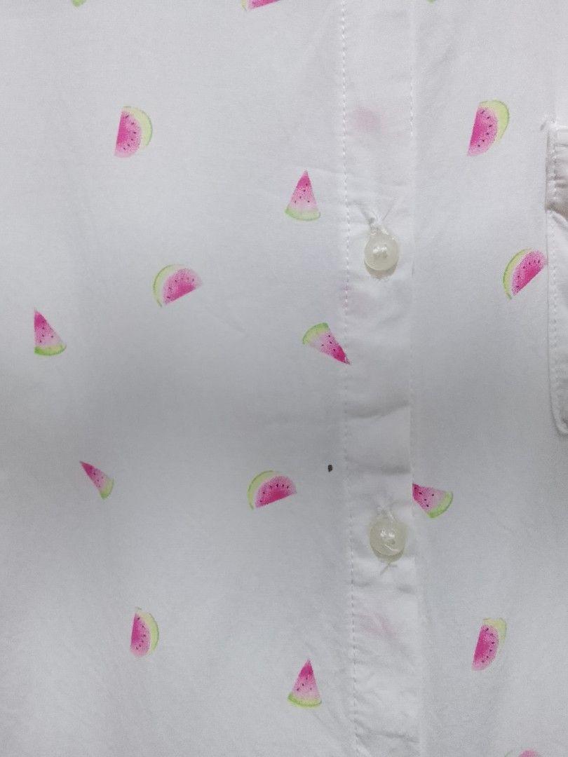 Bny Jeans button up shirt size L (Category: Blouses) located in Manila. Submitted by cabsclosetco (Listing ID 1466677124, Image 3). Description: - Brand: Bny Jeans - Size: Large but small sizing (more recommended for small to semi-medium girlies only) - Design: White button-up with cute watercolor watermelon slices - has tiny flaw (see last pic).