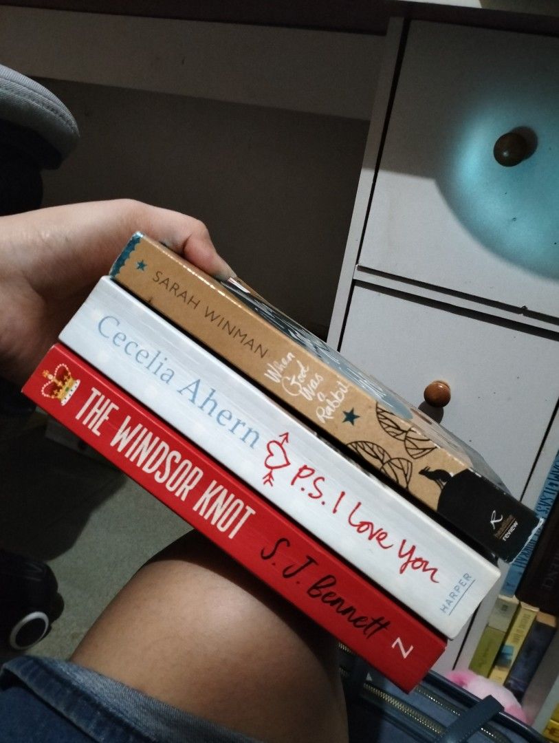 Books for sale! (Category: Storybooks) located in Batangas. Submitted by maryadims0707_819 (Listing ID 1466742574, Image 1). Description: - Set of 3 bestselling fiction books - Titles included: When God Was A Rabbit (Sarah Winman), P.S. I Love You (Cecelia Ahern), and The Windsor Knot (S.J. Bennett) - Condition: Good reads, perfect for a cozy weekend - Selling as a bundle to clear shelf space - Grab them now before they're gone!.