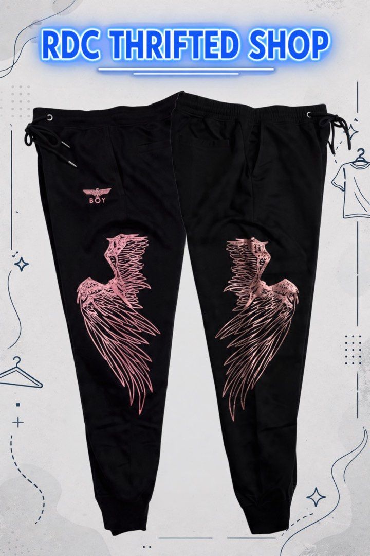 Boy London Unisex (Category: Joggers) located in Las Pinas. Submitted by rdcthriftedshop (Listing ID 1466593031, Image 1). Description: FREE SHIPPING FEE 📦 Boy London Pink Wings Jogger Pants Size Large on tag Waistline: 28 up to 38 with lace Length: 37 Color rate: 10/10 Condition: GOOD AS NEW CONDITION No Issue.