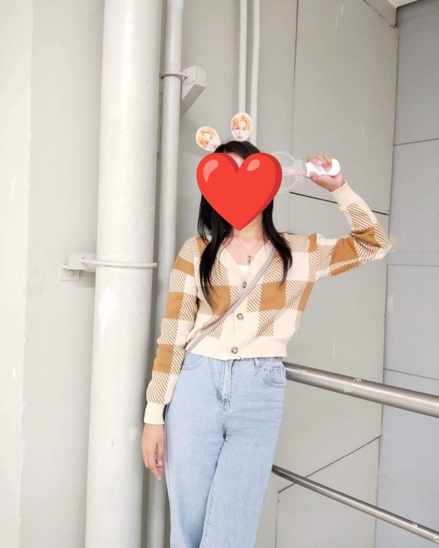 Brown and cream checkered button-up cardigan (Category: Coats, Jackets and Outerwear) located in Bacolod City. Submitted by gyelatin (Listing ID 1466599665, Image 1). Description: - Style: Cropped V-neck knit cardigan - Color: Brown and cream checkered - Details: 3 front buttons, ribbed cuffs and hem - Material: Soft and cozy, ideal for layering - Condition: Worn once, freshly washed, like new -Price still nego. .