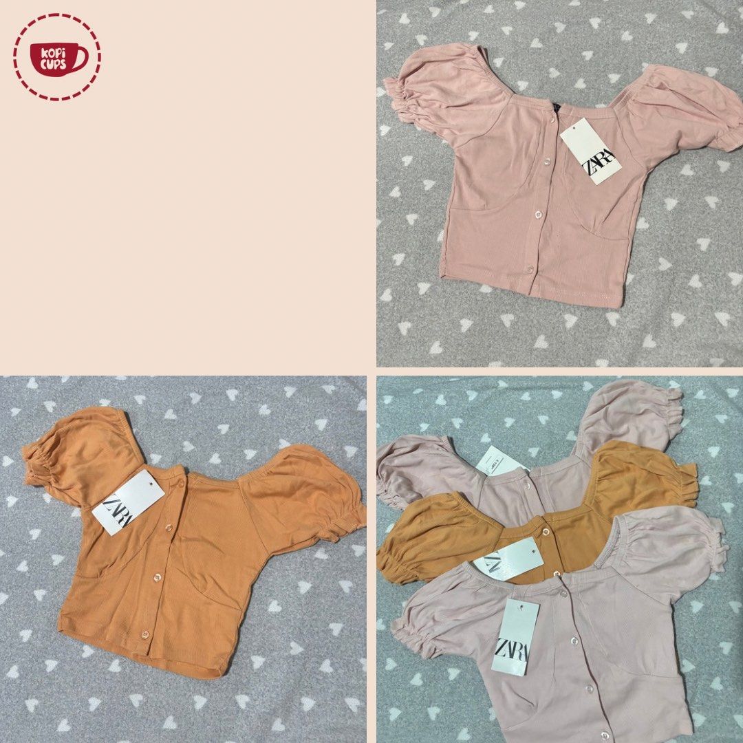 Bundle Repro Zara Puff Sleeve Ribbed Crop Top (Category: Blouses) located in General Trias. Submitted by dddddaph (Listing ID 1466691750, Image 1). Description: BUNDLE of 3 - Repro - Brand: Zara (with tags still attached) - Style: Ribbed crop top with short puff sleeves, button-down front, and square neckline - Material: Soft and comfortable ribbed fabric - Colors Available: Pink, Mustard Yellow, and Light Pink - Condition: Brand new - Perfect fo