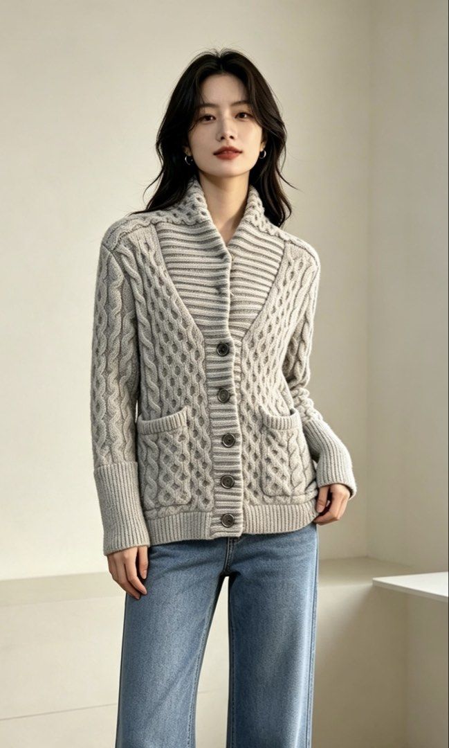 Burberry Cable Knit Wool Blend Cardigan Grey (Category: Coats, Jackets and Outerwear) located in Paranaque City. Submitted by preluxeshop_ph (Listing ID 1466765198, Image 1). Description: Burberry Cable Knit Wool Blend Cardigan Grey -Classic cable knit design -Button front closure -Condition: 9.8/10 -Dimes: Length: 20” Width: 15”.
