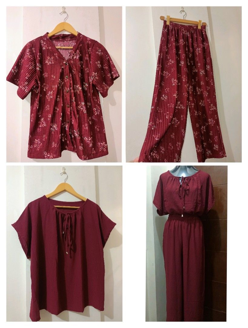 BURGUNDY PLAIN & PRINTED TERNO SET PANTS (Category: Sets or Coordinates) located in Pasig City. Submitted by roa.renaflor (Listing ID 1466732491, Image 1). Description: The color - Rich like wine.🍾🍷 CAN BE FIT LARGE UP TO 2xL - 3X 2 pockets Turning everyday looks into a statement. CASUAL/ FORMAL🎯 Try now....