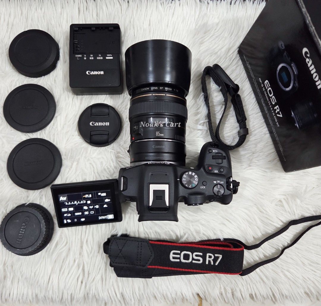 Canon EOS R7 Mirrorless Camera with EF 85mm Lens (Category: Cameras) located in Quezon City. Submitted by noahscartonlineshop (Listing ID 1466715327, Image 2). Description: Canon EOS R7 with EF 85mm f/1.8 USM P52,000 - EOS R7 BODY P5,000 - Mount Adapter P13,000 - EF 85mm 1.8 USM ​Pairing the Canon EOS R7 with the classic Canon EF 85mm f/1.8 USM lens via an EF-to-RF adapter creates an excellent, highly cost-effective setup for portraiture, indoor 