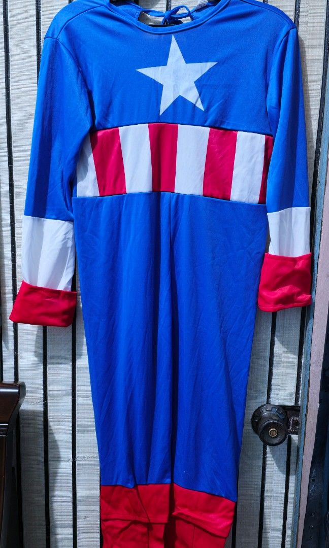 Captain America Costume (Kids) (Category: Babies & Kids Fashion) located in Pasig City. Submitted by dolliesandpastels (Listing ID 1466621817, Image 2). Description: Used once No issues Small size on tag 95 cm - 110 cm Inclusions: Romper Mask Belt Shield (foldable) Fits 6-8 years old.