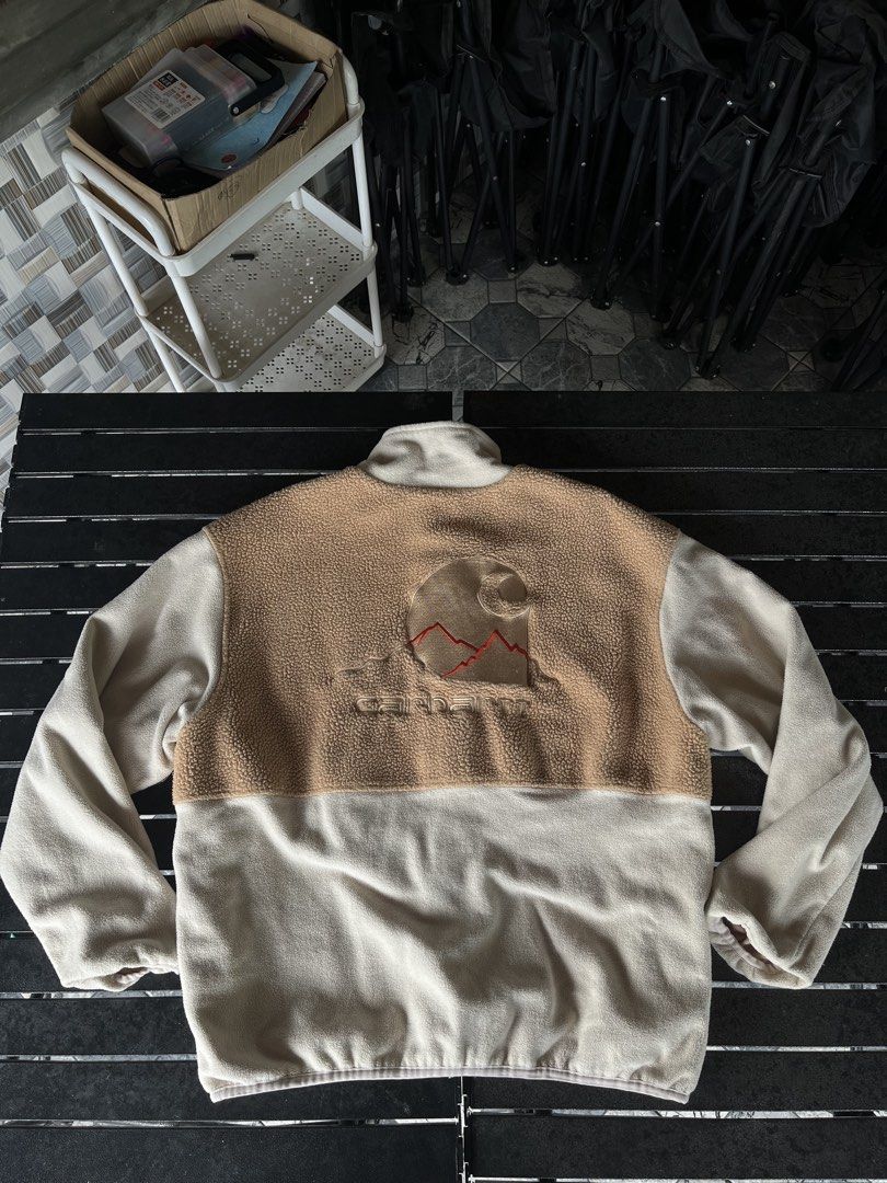 Carutha WIP Outdoor C Fleece Jacket (Category: Coats, Jackets and Outerwear) located in Tuguegarao City. Submitted by josh_the_thrift (Listing ID 1466624936, Image 1). Description: -(AUTHENTIC) - Brand: Carhartt WIP - Style: Outdoor C Jacket - Color: Cream and Tan - Size: Medium 26x26 (Tag attached) - Material: 100% Polyester - Design: Soft sherpa fleece upper with smooth fleece lower body, full zip front, and high collar - Condition: As new no i