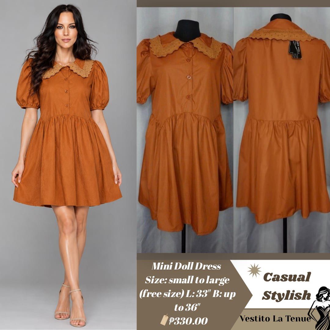Casual Mini Doll Dress Brown (Category: Dresses) located in Cainta. Submitted by vestito_bestida (Listing ID 1466613942, Image 1). Description: ⛔️ACTUAL PHOTO POSTED⛔️ 👉 Casual Mini Doll Dress 👉 Free size 👉 Bust: up to 36" 👉 Length: 33" 👉 Color: Brown 👉 Short puff sleeves, button-front closure, eyelet lace collar 👉 Flatlay measured using medida 👉 Actual photo posted. 👉 No filter. Colors may vary due to lightning and photo quality..