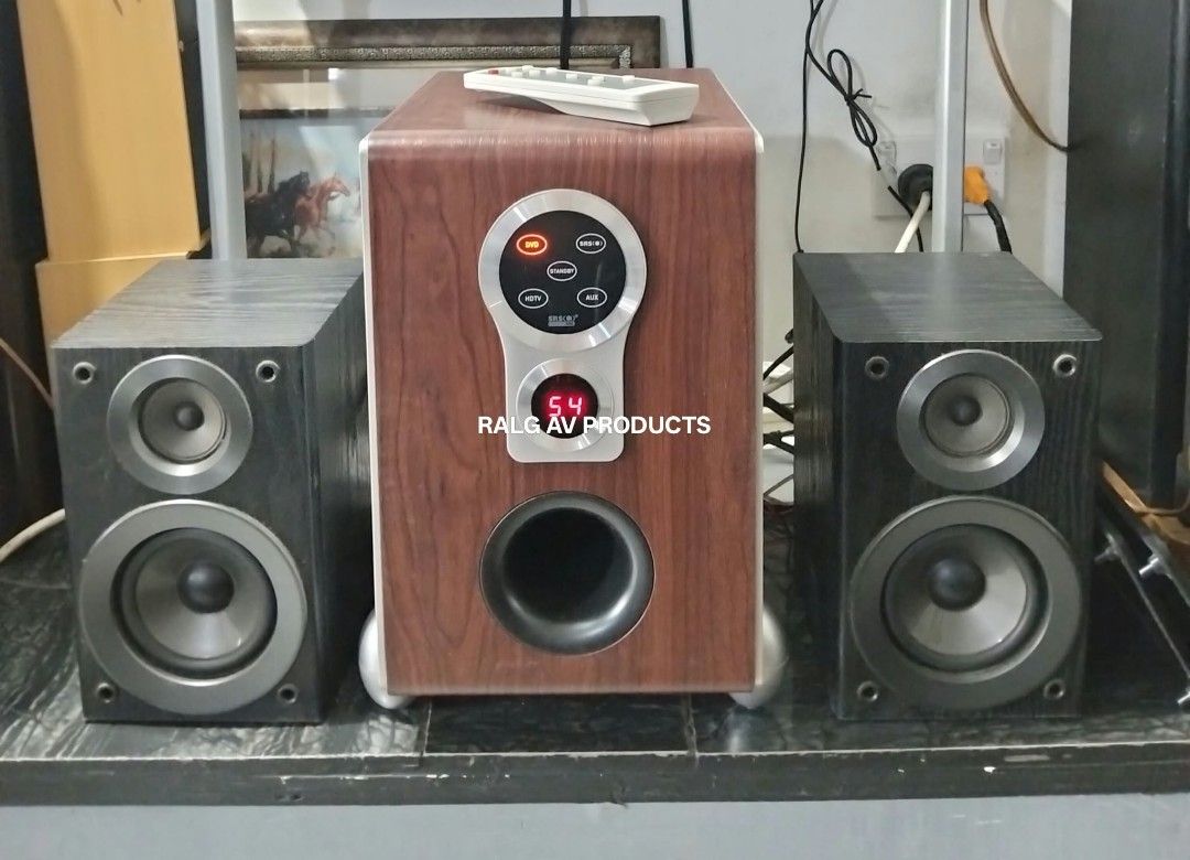 CAV/Panasonic Speaker System with Subwoofer and Remote (Category: Soundbars, Speakers & Amplifiers) located in Bulacan. Submitted by ronald277077025 (Listing ID 1466604442, Image 2). Description: CAV 2.1 ACTIVE SUBWOOFER WITH PANASONIC 2 WAY BOOKSHELF SPEAKER SW-260 (SUBWOOFER) ORIGINAL REMOTE INCLUDED 6.5" SUBCONE WOOFER MULITIPLE INPUT W31 x H35 x D32 CM SB-PM48 4" CONE WOOFER HI FI TWEETER W14.5 x H22.5 x D19.5 CM BASS REFLEX FULLY OPERATIONAL