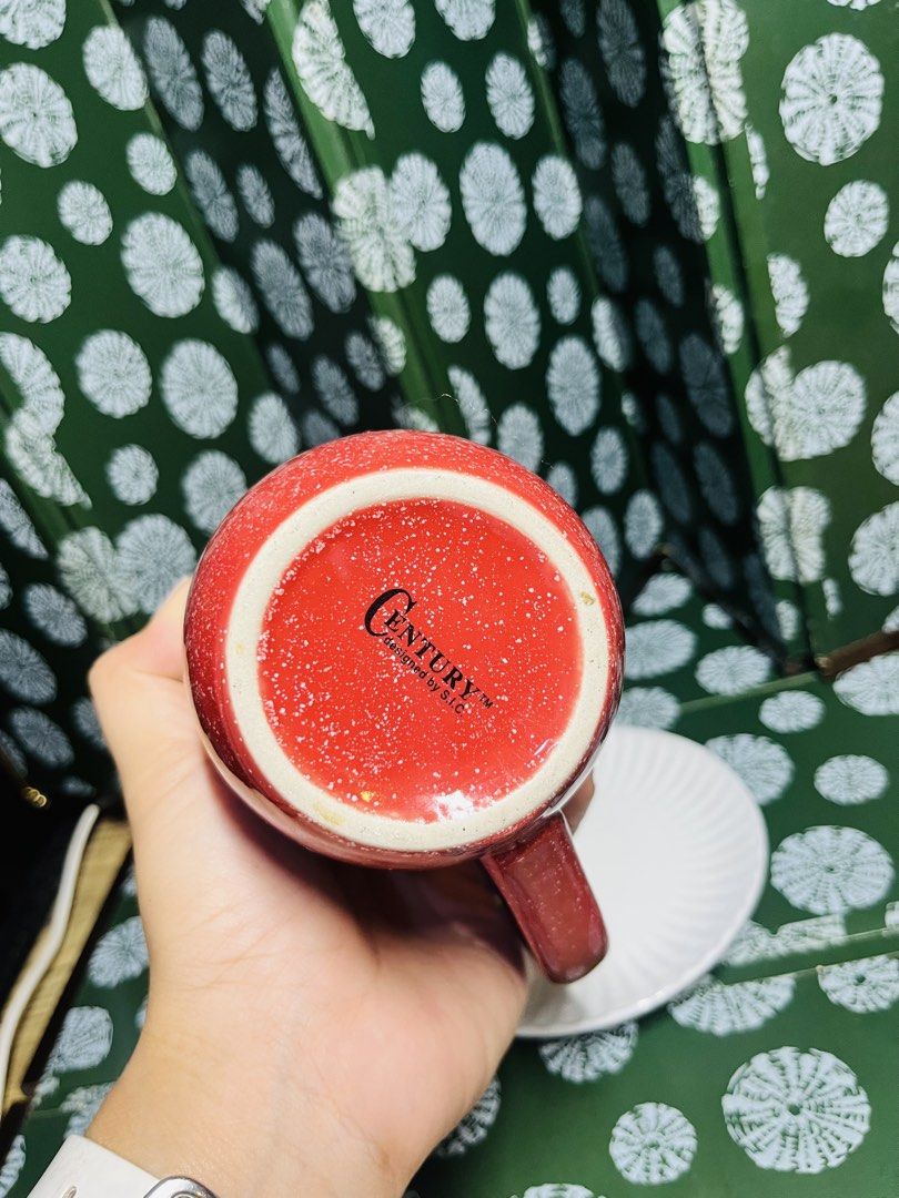 Century Red Speckled Coffee Mug With Saucer (Category: Coffee & Tea Tableware) located in Malabon City. Submitted by mgsurplus (Listing ID 1466565166, Image 3). Description: - Brand: Century by S.I.C. - Set includes: Red speckled coffee mug and matching white saucer - Material: Solid ceramic with a nice, sturdy weight - Design: Classic shape with a comfortable handle - Perfect for: Morning coffee, tea, or hot chocolate.