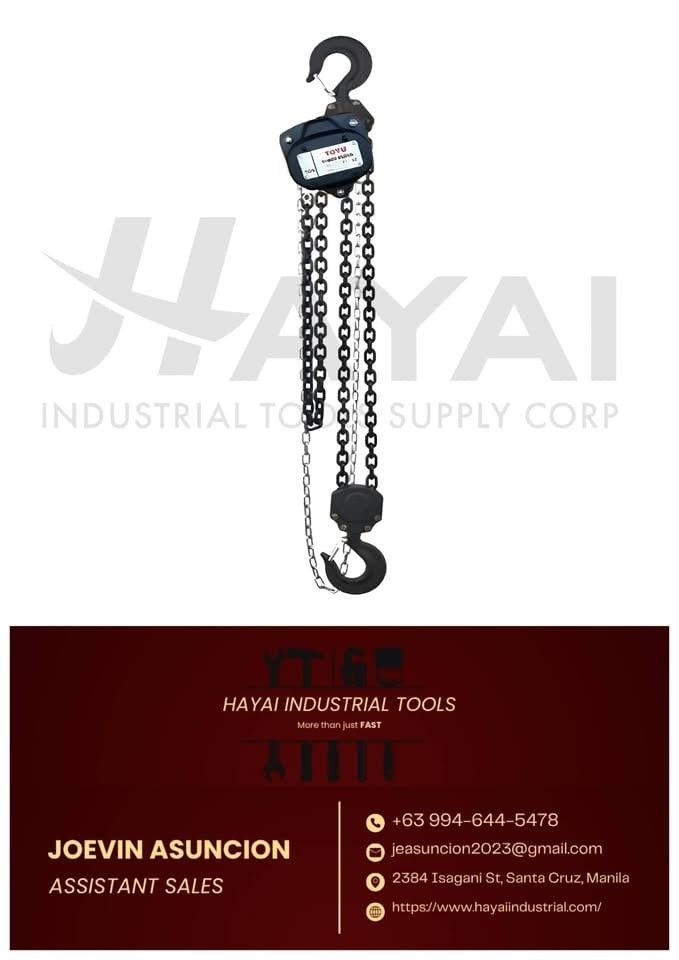 Chain Block (Heavy Duty) - ALL CAPACITY AVAILABLE (Category: Construction Tools & Equipment) located in Manila. Submitted by joevinasuncion23 (Listing ID 1466577108, Image 1). Description: 🔧 OUR PRODUCTS & SERVICES We supply a wide range of industrial, electrical, mechanical, and construction materials for various project and business needs. 📌 PRODUCTS: ⚙️ Machinery ⚡️ Electrical Supplies & Equipment 🔩 Valves & Fittings 🏗 Metals – Stainless, 