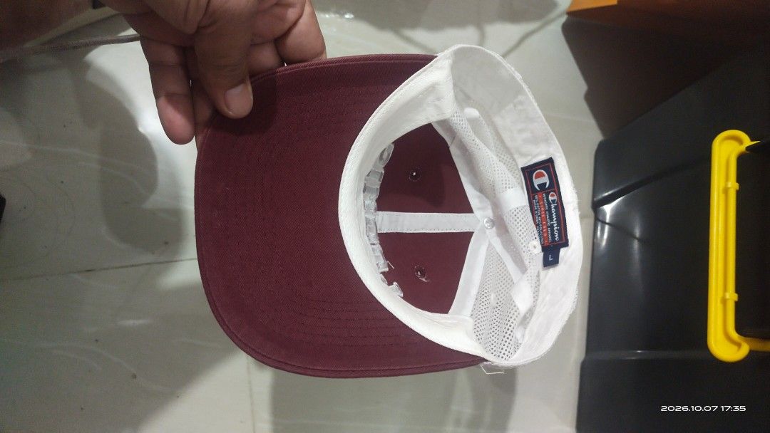 Champion Loomis Chaffee Maroon White Trucker Hat Cap (Category: Caps & Hats) located in Manila. Submitted by rhobin.m08 (Listing ID 1466703098, Image 3). Description: - Brand: Champion - Style: Trucker hat with mesh back panels and snapback closure - Color: Maroon and white - Details: Loomis Chaffee embroidery on the front and small text on the back - Size: L - Material: 60% cotton, 40% polyester (Made in China) - Condition: Excellent/Ready to we