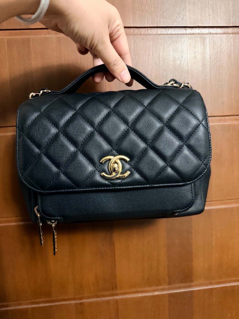 Chanel Black Quilted Bag (Category: Luxury Bags & Wallets) located in Marikina City. Submitted by mommymishy (Listing ID 1466564217, Image 1). Description: Black caviar leather Chanel bag. Quilted pattern signature turn-lock closure. Includes a sturdy top handle, classic style, great size for daily essentials. Chanel Business Affinity small Series 27 excellent condition ❤️ Comes with dustbag, cert authenticity, receipt Decluttering 😍.