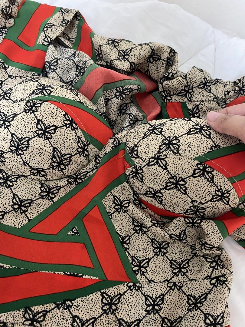 Chic Patterned Bustier Dress with Puffed Sleeves (Category: Dresses) located in Manila. Submitted by eileenmaye67636 (Listing ID 1466699499, Image 2). Description: PRELOVED! size: small to med may pads na - Chic patterned bustier dress with striking red and green accent stripes - Features structured cups, sweetheart neckline, and cute short puffed sleeves shipping: j&t and lalamove.