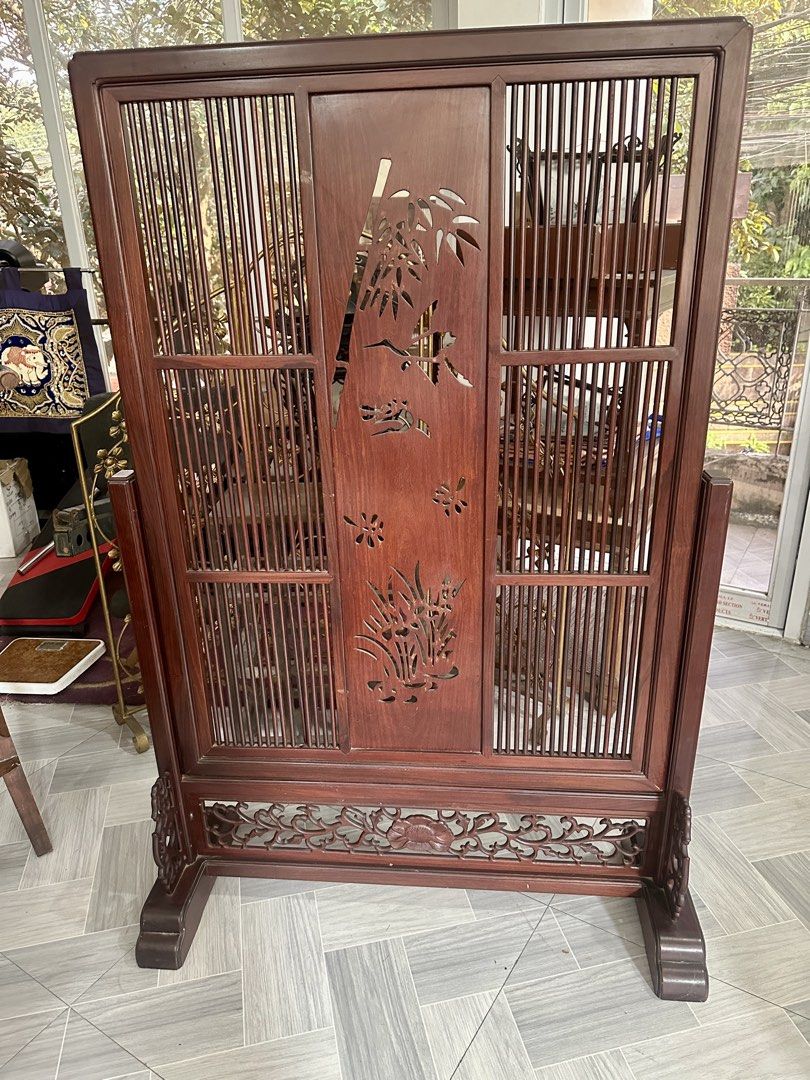 Chinese Rosewood Room Divider (Category: Wall Decor) located in Quezon City. Submitted by cddelarrazabal (Listing ID 1466672571, Image 2). Description: #greatasianfinds Beautiful Chinese/Asian-inspired vintage freestanding wooden screen, featuring an intricate pierced carving of bamboo, birds and floral motifs at the center, framed by finely spaced vertical latticework. The lower section is especially attractive, with an elaborate open-carved flo