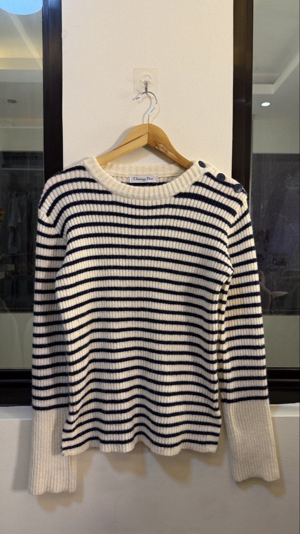 Christian Dior Striped Cotton Sweater (Category: Longsleeves) located in Paranaque City. Submitted by preluxeshop_ph (Listing ID 1466761700, Image 2). Description: Christian Dior Striped Cotton Sweater - Brand: Christian Dior - Material: 100% Cotton - Features: Button details on the shoulder - Design: Ribbed cuffs and hem - Style: Chic, casual, perfect for layering L: 24” W: 20”.