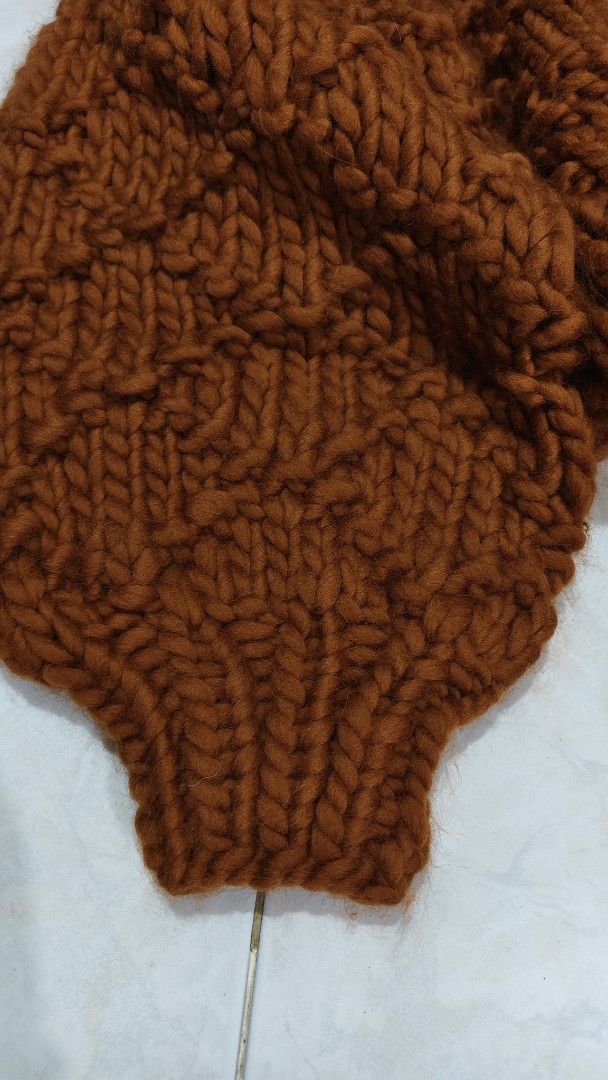Chunky Knit Cropped Turtleneck Sweater Rust Orange (Category: Coats, Jackets and Outerwear) located in Rodriguez. Submitted by bygollyfinds (Listing ID 1466565117, Image 2). Description: GREAT FOR WINTER/COLD SEASON Great for small-medium ________ - Color: Rich rust orange - Style: Chunky knit, mock turtleneck, cropped length - Details: Voluminous balloon sleeves, all-over diamond textured pattern, ribbed cuffs and hem - Material: Heavy, warm, an