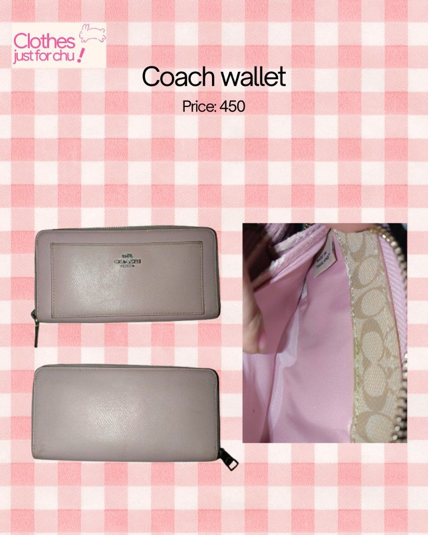 Coach pink leather zip around wallet (Category: Wallets & Card holders) located in Pasay City. Submitted by clothesforchuu (Listing ID 1466609293, Image 1). Description: - Authentic Coach zip-around wallet in lovely pink leather - Features a handy front pocket with silver logo hardware - Pink interior with signature monogram fabric trim along the zipper - Crafted in Thailand (tag included inside) - Clean overall condition with smooth-working zipp