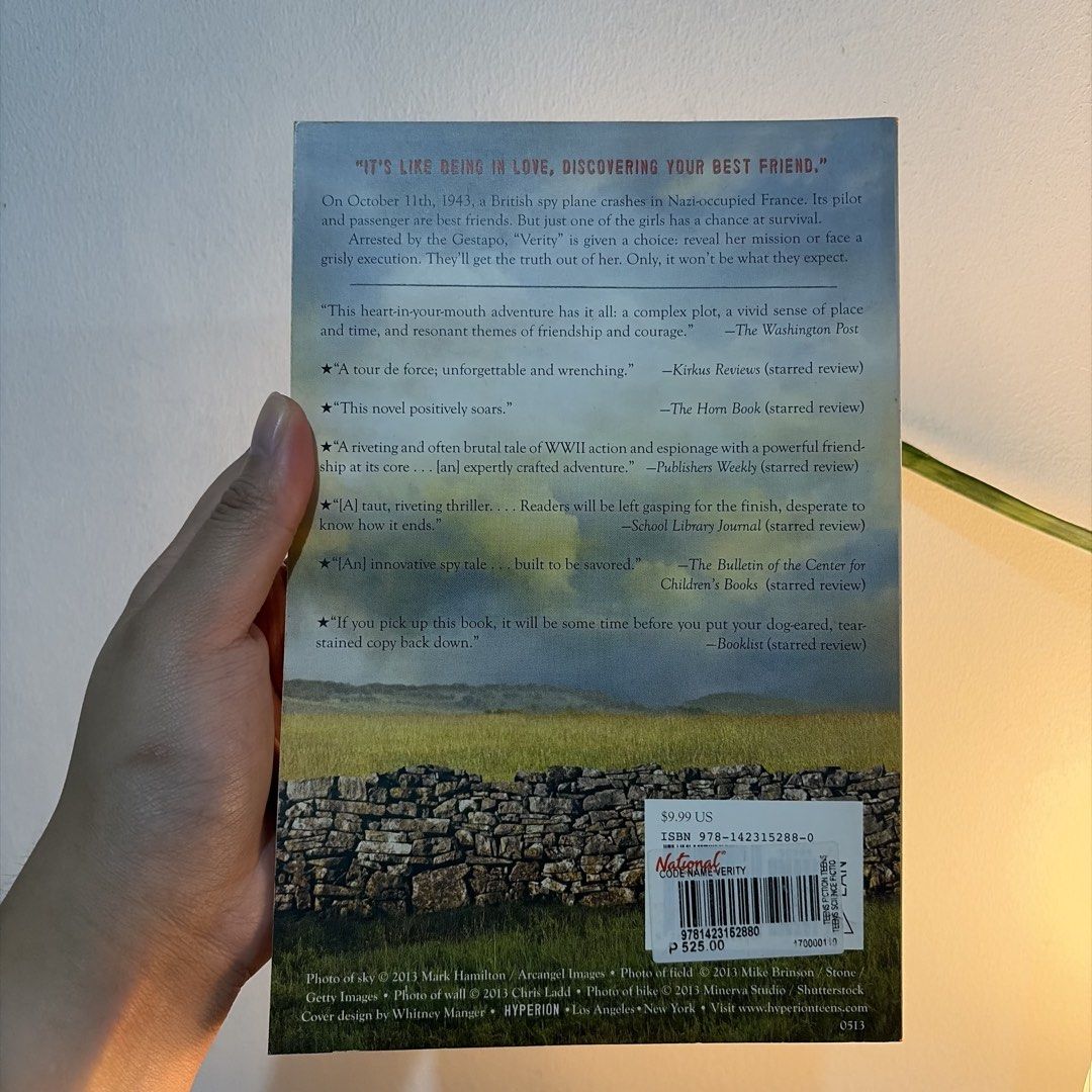 Code Name Verity by Elizabeth Wein (Category: Storybooks) located in Manila. Submitted by ajdeclutter (Listing ID 1466675725, Image 3). Description: - Title: Code Name Verity by Elizabeth Wein - Genre: Young Adult Historical Fiction & Spy Thriller (WWII) : Paperback edition published by Hyperion .