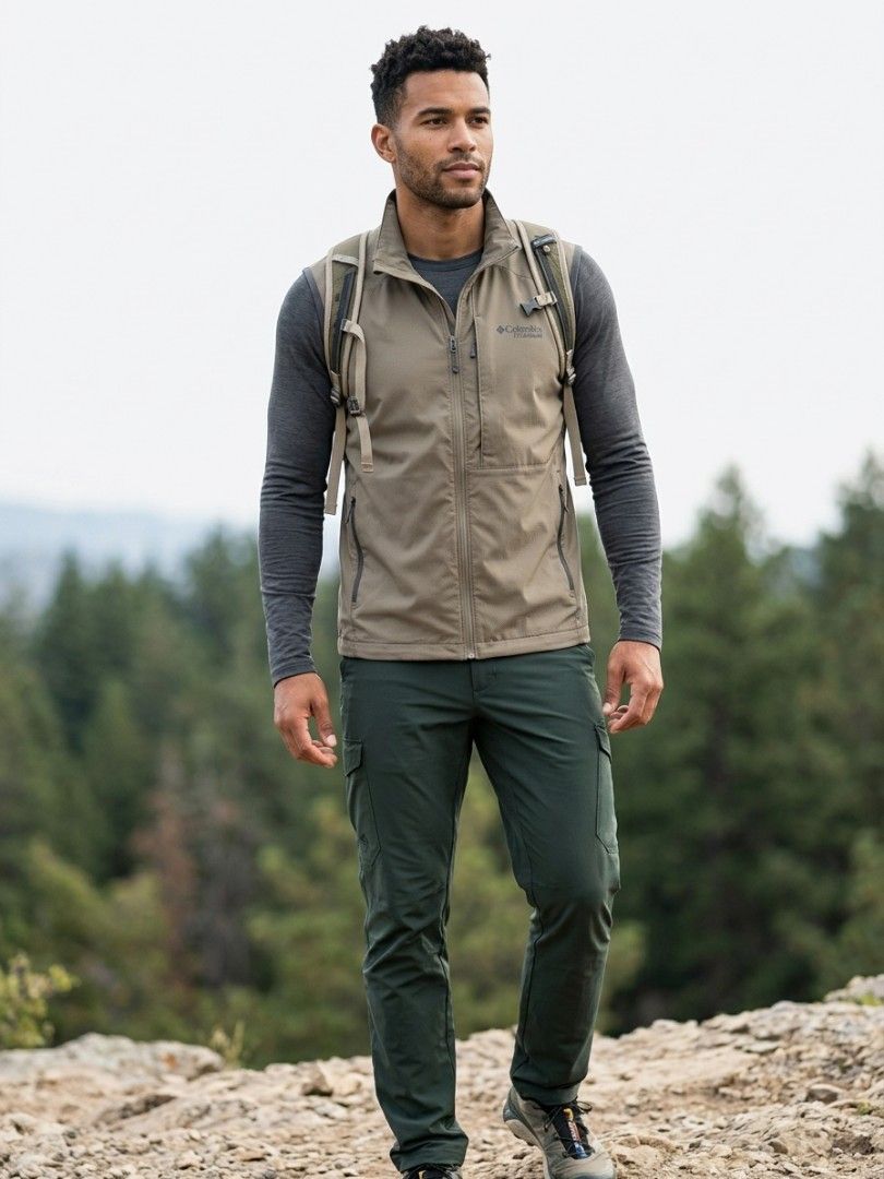 Columbia Titanium Men's Interchange Vest Size L (Category: Vests) located in City of Isabela. Submitted by warmbird.d06e6f (Listing ID 1466670472, Image 1). Description: - Brand: Columbia Titanium - Style: Men's Interchange Line Vest - Color: Olive Green - Size: Men's Large - Material/Build: Lightweight fabric construction - Features: Full zip front, high collar, and secure chest zip pocket - Details: Iconic Columbia logo on the front - Best For: