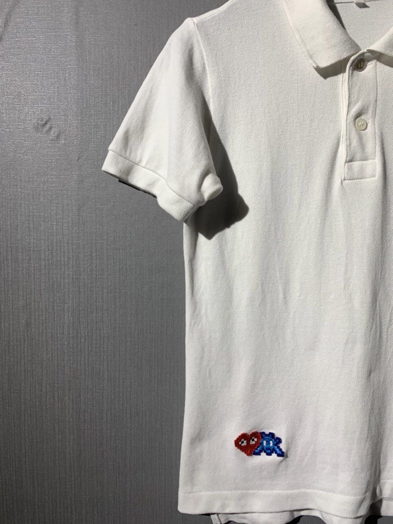Comme Desgarcons Play By Invader (Category: Luxury Apparel) located in Bacolod City. Submitted by garagehunterbuyandsale (Listing ID 1466682892, Image 3). Description: PLAY COTTON POLO SHIRT WHITE WITH EMBROIDERED RED INVADER HEART AND BLUE EMBLEM ON FRONT. 100% COTTON SMALL FIT WOMENS (16x23) MADE IN JAPAN CARE INSTRUCTIONS: HAND WASH COLD, DO NOT BLEACH, LINE DRY IN SHADE, WARM IRON, DRYCLEAN, PETROLEUM SOLVENT ONLY, SHORT CYCLE.