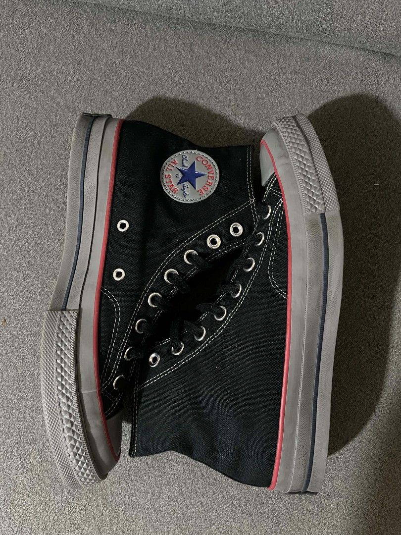 Converse Chuck 70 High Top Black Grey Red (Category: Sneakers) located in General Santos City (Dadiangas). Submitted by vashcollection16 (Listing ID 1466595731, Image 1). Description: - Brand: Converse Chuck 70 High Top - Color: Black canvas upper with stylish grey rubber toe cap and midsoles - Details: Eye-catching red piping along the sole edge and classic metal eyelets - Sole: Vintage brown diamond-pattern rubber outsole with Converse All Star