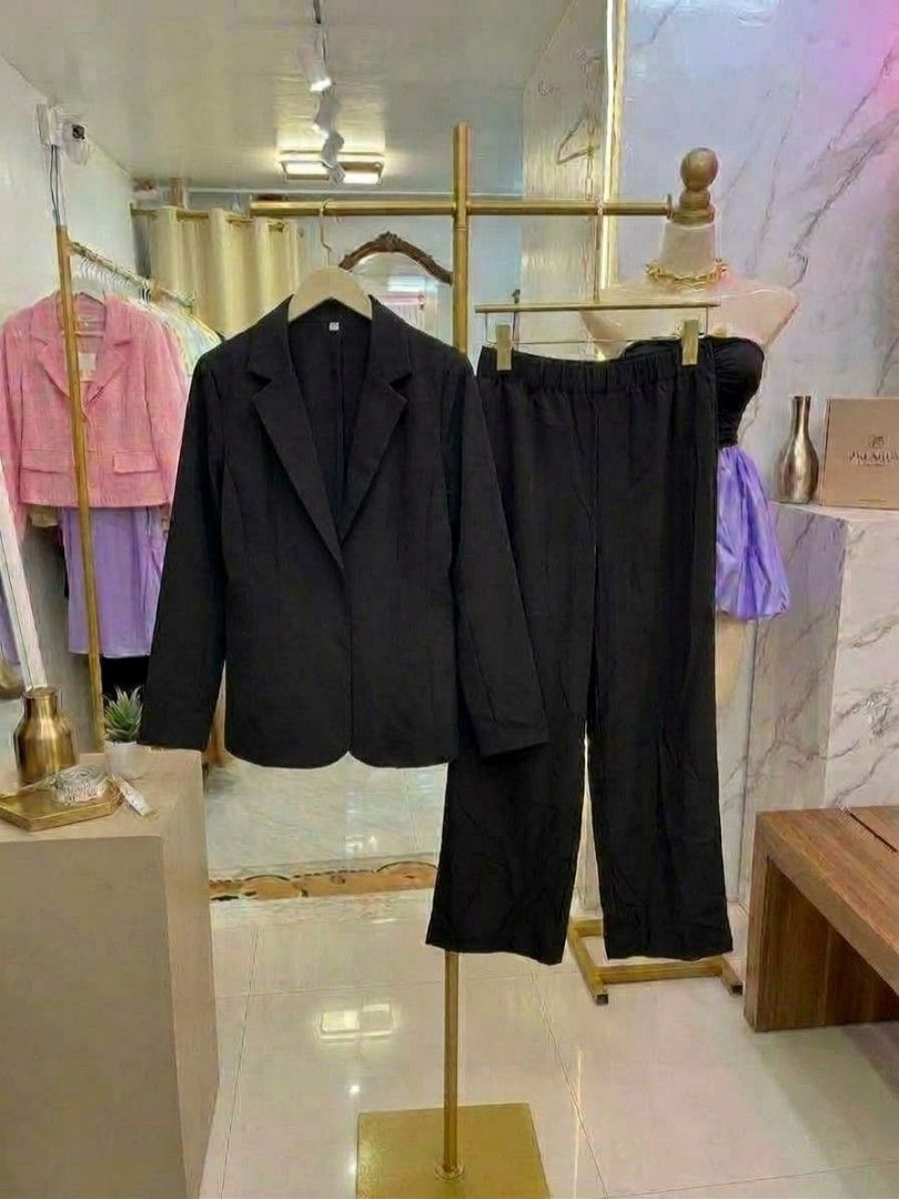 Coordinates black (Category: Coats, Jackets and Outerwear) located in Manila. Submitted by nikita02_kara (Listing ID 1466627762, Image 1). Description: 📌Coordinates Black.Blazer with belt Trouser pants wideleg cotton strechable freesize.
