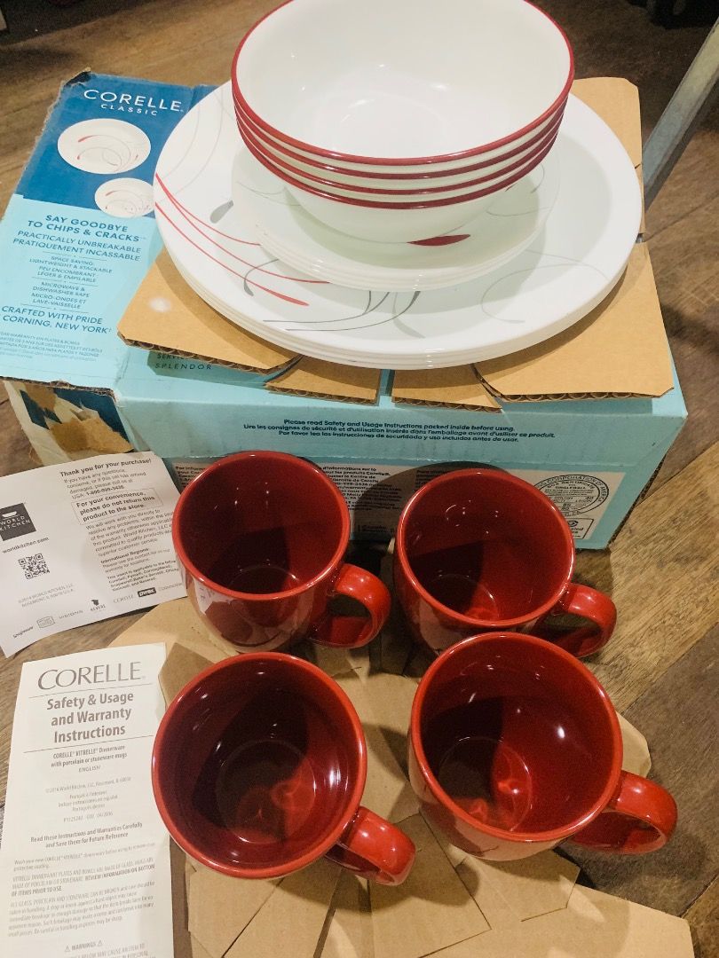 16 PC Set Corelle Classic Splendor Dinnerware Set with Mugs (Category: Dinnerware & Cutlery) located in San Juan City. Submitted by ajportucel51461 (Listing ID 1466725253, Image 2). Description: - Authentic Corelle Classic Dinnerware Set in Splendor pattern - Includes dinner plates, smaller plates, bowls with red rims, and 4 red mugs - Design: Elegant white glass base with modern red and grey swirl accents - Material: Sturdy, lightweight, and bre