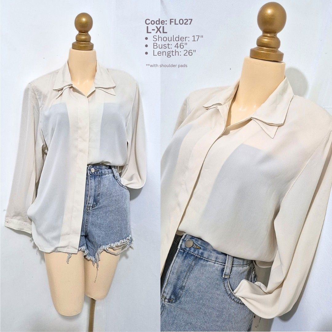 Cream Collared Blouse with Shoulder Pads | L–XL (Category: Longsleeves) located in Cabanatuan. Submitted by _erboutique (Listing ID 1466674640, Image 1). Description: • Soft cream flowy blouse — elegant & effortless ✨ • Collared neckline, subtle shoulder pads for structure • Relaxed fit, lightweight fabric • Size L–XL | Shoulder 17" | Bust 46" | Length 26" • Great condition, easy to dress up or down.