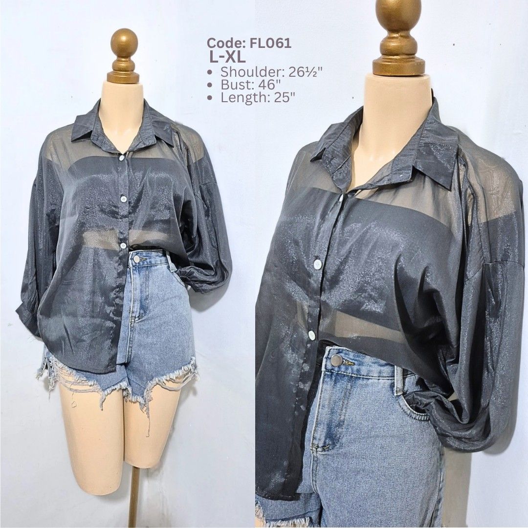 Dark Gray Sheer Shimmer Button-Down Top | L–XL (Category: Longsleeves) located in Cabanatuan. Submitted by _erboutique (Listing ID 1466673288, Image 1). Description: • Dark gray sheer top with subtle shimmer ✨️ • Collared, button-down, relaxed oversized fit • Lightweight & flowy — perfect layered or worn alone • Size L–XL | Shoulder 26½" | Bust 46" | Length 25" • Great condition, ready to wear!.