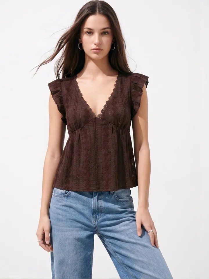 Dazy Brown V-Neck Ruffle Flutter Sleeve Blouse Size S (Category: Blouses) located in Quezon City. Submitted by getitrightaway.ph (Listing ID 1466641264, Image 1). Description: - Brand/Style: Dazy brown blouse - Size: S - Design: V-neckline with scalloped lace trim, flutter ruffle sleeves, textured geometric diamond pattern, and empire waist - Condition: Never worn - Versatility: Easy to style with denim jeans or skirts for daily casual wear.