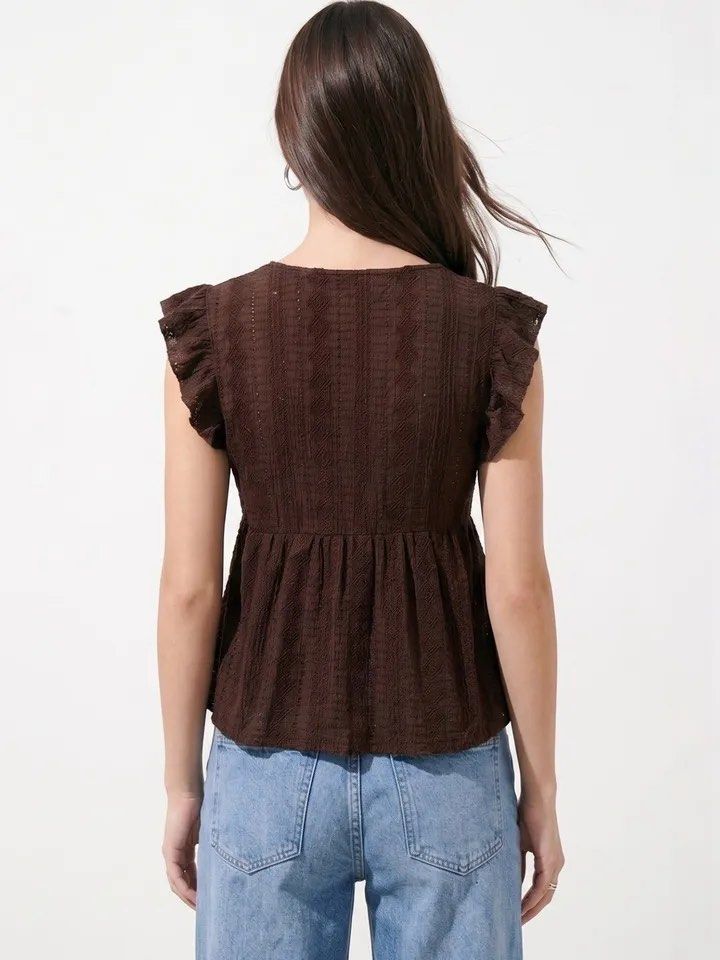 Dazy Brown V-Neck Ruffle Flutter Sleeve Blouse Size S (Category: Blouses) located in Quezon City. Submitted by getitrightaway.ph (Listing ID 1466641264, Image 2). Description: - Brand/Style: Dazy brown blouse - Size: S - Design: V-neckline with scalloped lace trim, flutter ruffle sleeves, textured geometric diamond pattern, and empire waist - Condition: Never worn - Versatility: Easy to style with denim jeans or skirts for daily casual wear.