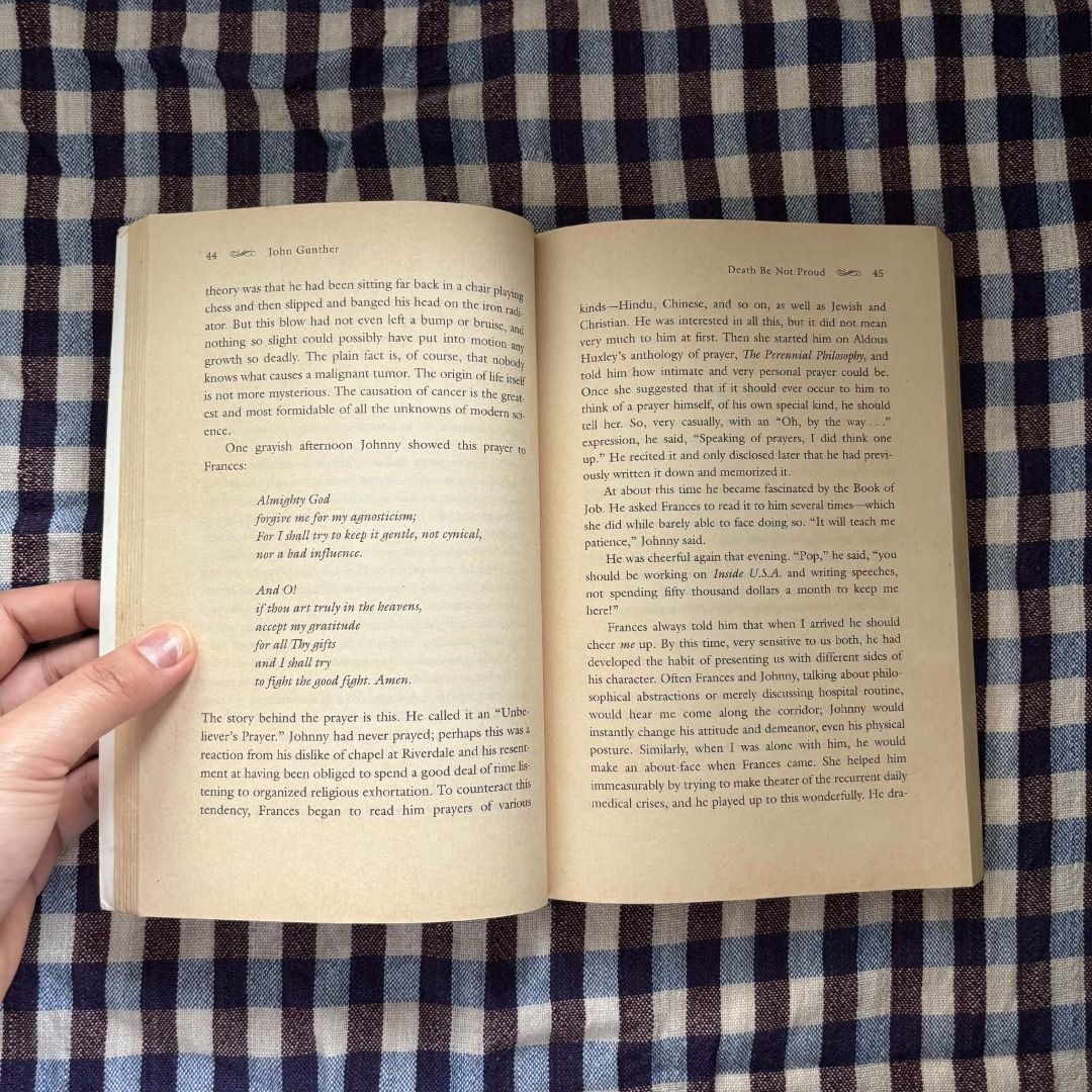 Death Be Not Proud by John Gunther (Category: Storybooks) located in Pasig City. Submitted by patacab (Listing ID 1466768770, Image 3). Description: - Secondhand, yellowed due to age - Lightly used with some underlined texts - Please see photos for the actual condition .