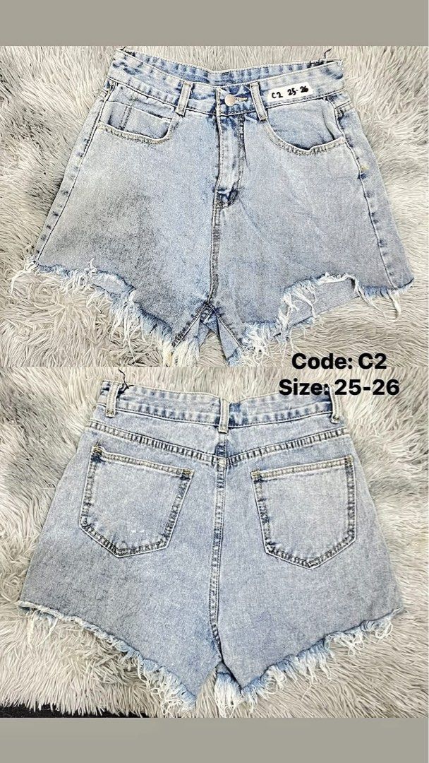 Denim Shorts (Category: Shorts) located in Manila. Submitted by jomeri (Listing ID 1466726724, Image 2). Description: - Bundle of 5 stylish denim shorts (Codes C1 to C5) - Very affordable item for only 50 pesos each! - Variety of designs: cuffed hems, distressed raw hems, and stud details - Colors include light washes and solid dark denims - Sizes range from 25 to 29 - Ideal for casual summer looks - Please check individual codes for exact sizing
