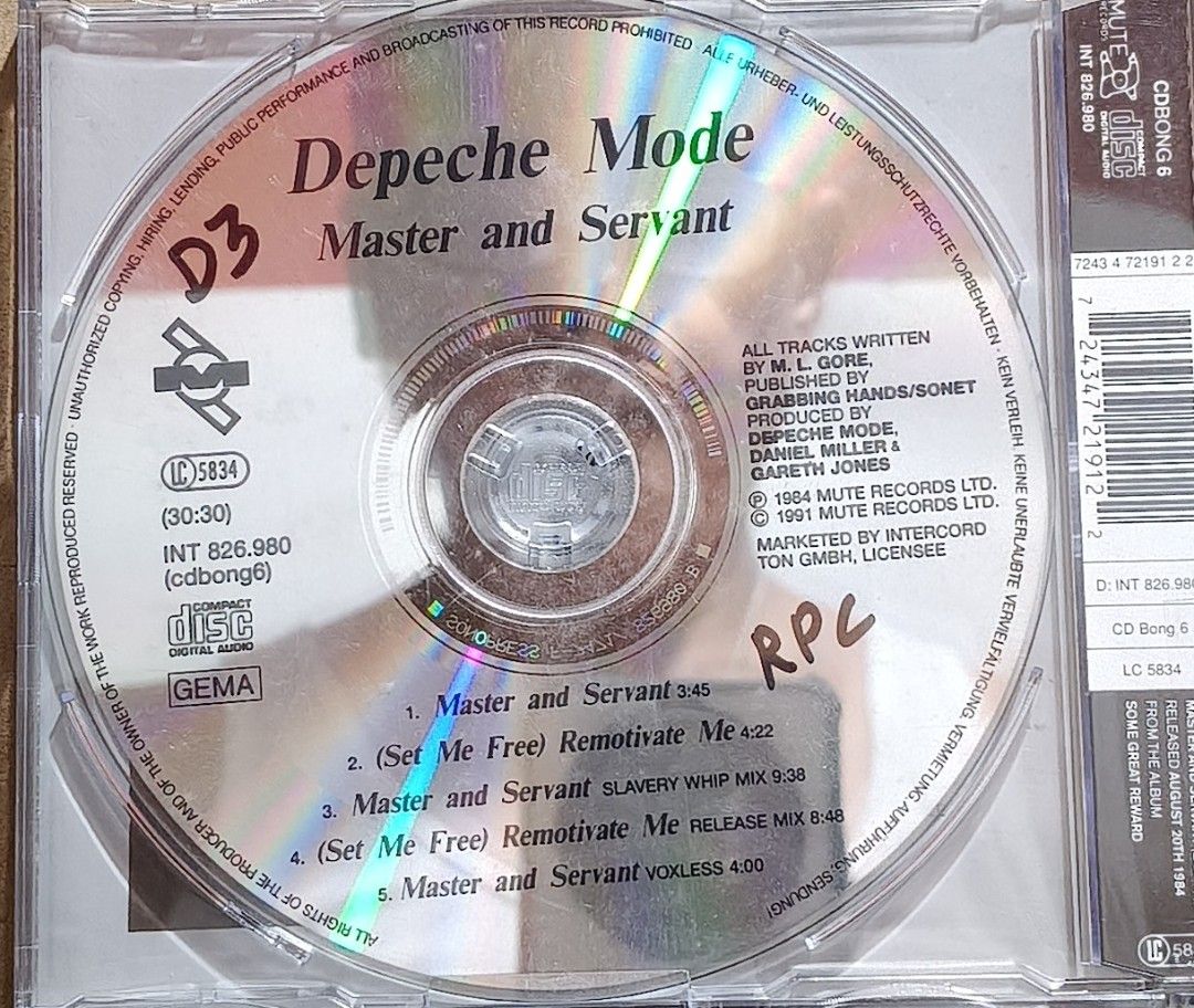 Depeche Mode Master and Servant CD CDBONG 6 (Category: CDs & DVDs) located in Manila. Submitted by ruelcabrer77078 (Listing ID 1466718342, Image 3). Description: - Artist/Title: Depeche Mode - Master and Servant CD Single - Label/Year: Mute Records, 1991 - Origin: Made in Germany - Key Tracks: Includes Slavery Whip Mix and Voxless - Condition Notes: Jewel case included. Has some writing on the back inlay and stamped markings on the disc itself..