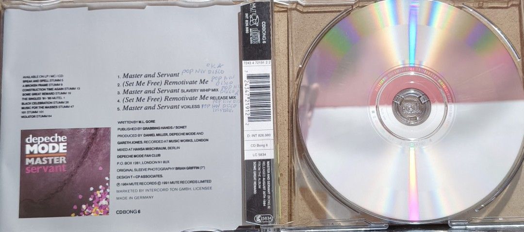 Depeche Mode Master and Servant CD CDBONG 6 (Category: CDs & DVDs) located in Manila. Submitted by ruelcabrer77078 (Listing ID 1466718342, Image 2). Description: - Artist/Title: Depeche Mode - Master and Servant CD Single - Label/Year: Mute Records, 1991 - Origin: Made in Germany - Key Tracks: Includes Slavery Whip Mix and Voxless - Condition Notes: Jewel case included. Has some writing on the back inlay and stamped markings on the disc itself..