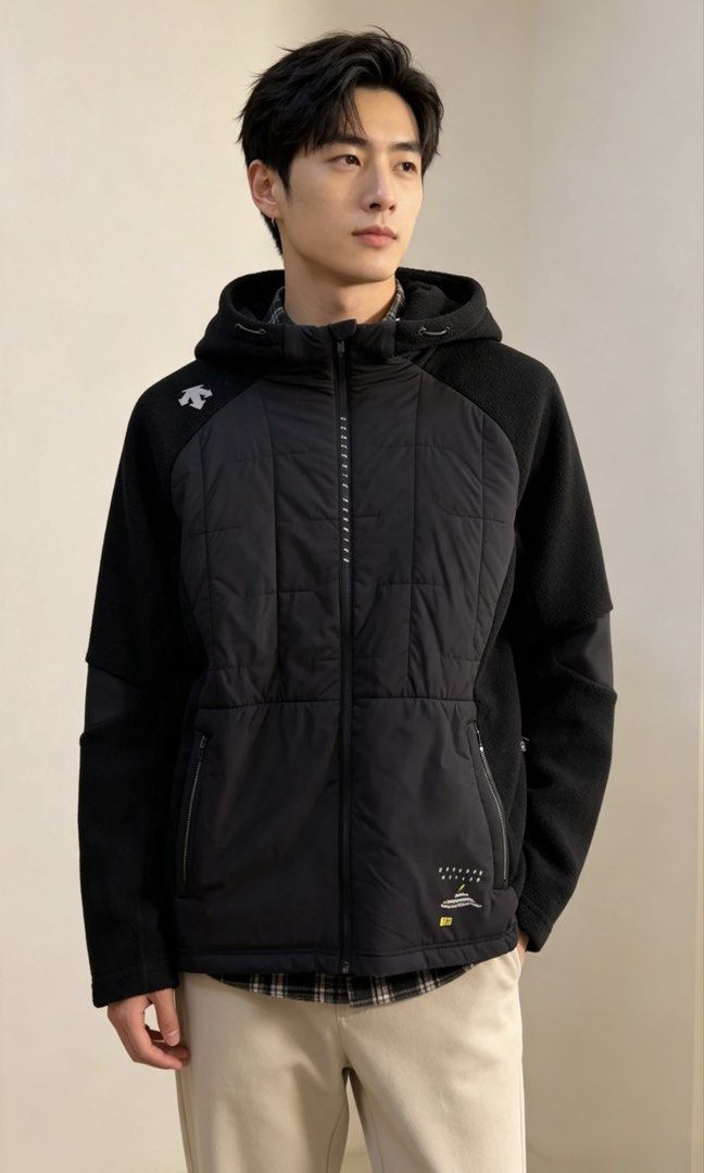 Descente Running Hooded Jacket (Category: Coats, Jackets and Outerwear) located in Paranaque City. Submitted by preluxeshop_ph (Listing ID 1466768422, Image 1). Description: Descente Running Hooded Jacket -Design: Hooded running jacket -Features: Quilted front, fleece sleeves, zip closure, pockets -Condition: 9.8/10 -Dimes: Length: 26.5” Width: 21”.