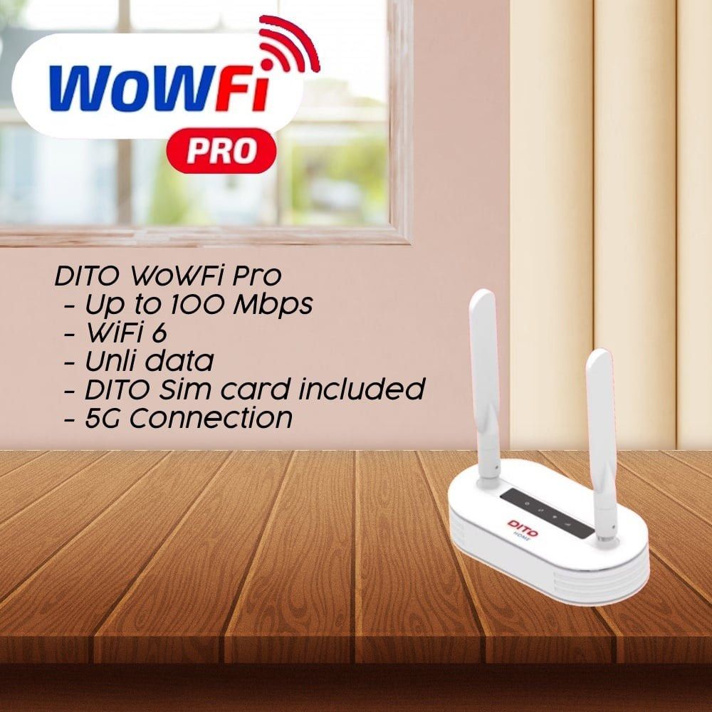 DITO WoWFi Pro 5G WiFi 6 Router (Category: Networking) located in Manila. Submitted by chrono.timepieces (Listing ID 1466687206, Image 1). Description: DITO WoWFi Pro router with 5G connection. Speeds up to 100 Mbps using WiFi 6 technology. Unlimited data plan included. Comes bundled with a DITO SIM card ready to activate. White finish with dual antennas. -Nego for sure buyer.