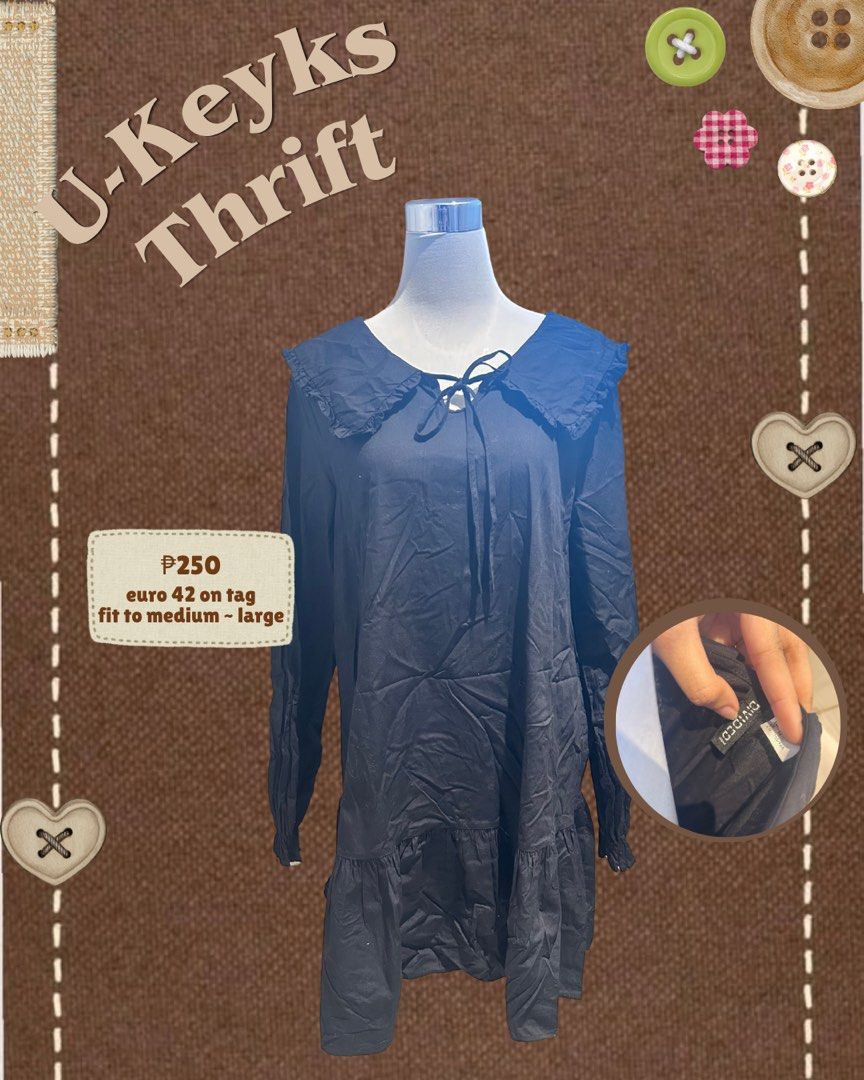 Divided H&M Black Peter Pan Collar Dress (Category: Dresses) located in Cavite. Submitted by ukeyks (Listing ID 1466652172, Image 1). Description: - Brand: Divided - Size: Euro 42 (fits Medium to Large comfortably) - Color: Solid black - Design: Long sleeves, big collar with ruffle trim, tie neck closure, and ruffled hem .