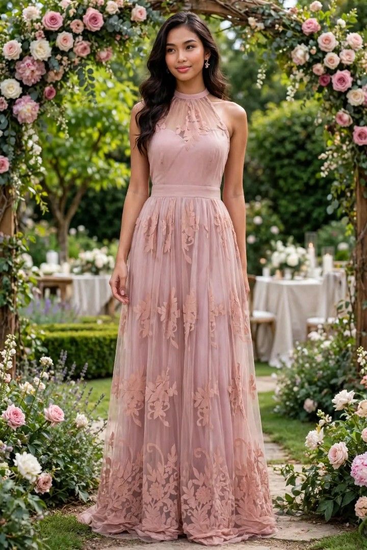 Dusty Rose Halter Tulle Gown- Small (Category: Evening dresses & gowns) located in Manila. Submitted by jollyann_b1990 (Listing ID 1466599684, Image 1). Description: 💖 Dusty Rose Halter Tulle Gown 💖 Size S | Formal Evening Dress ✨ DETAILS: - Color: Dusty Pink / Old Rose - Size: S -Bust: 34 inches -Waist: 27 inches -Length: 58 inches - Halter with illusion mesh neckline - Floral lace applique tulle - Open back with bow tie & button - Full length